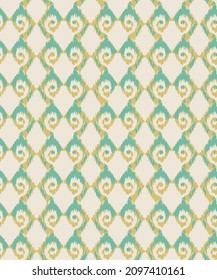 Ikat ethnic Indian seamless pattern design. Aztec turquoise with green fabric carpet mandala ornament native boho African American chevron textile wallpaper decoration.