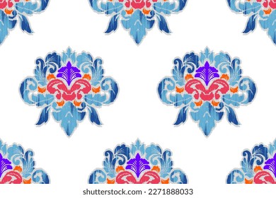 Ikat ethnic Indian seamless pattern decoration design. Aztec fabric boho mandalas textile wallpaper. Tribal native motif carpet ornaments African American folk India traditional embroidery vector