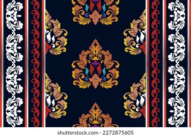 Ikat ethnic Indian seamless pattern design. Aztec fabric boho mandalas textile decorative wallpaper. Tribal native motif African American saree traditional embroidery vector background 