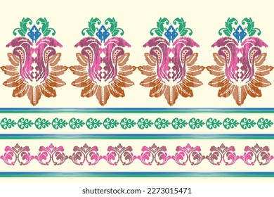 Ikat ethnic Indian seamless pattern design. Aztec fabric boho mandalas textile decorative wallpaper. Tribal native motif African American saree traditional embroidery vector background 