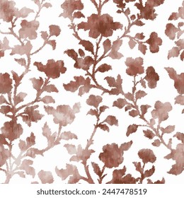 Ikat ethnic oriental seamless floral pattern. Ethnic folklore flowers, watercolor illustration in brown. Jacobean  style on a white background. design for texture,fabric,clothing,wrapping,decoration.