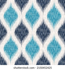 Ikat ethnic seamless pattern. Abstract ogee textured background for textile, wallpaper, carpet, clothing. Traditional bohemian vector illustration.