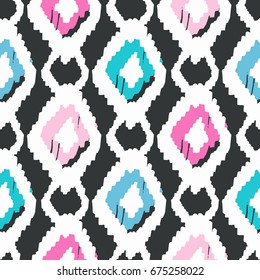 Ikat Ethnic Seamless Pattern with Black Background. Chevron Hand Drawn Trendy Native Ornament 
