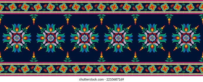 El diseño de la decoración de los patrones étnicos Ikat es impecable. Moqueta de tela azteca con mandalas en la decoración textil papel tapiz. Ornamentos tribales nativos decorativos de bordado tradicional fondo vectorial 
