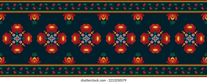 El diseño de la decoración de los patrones étnicos Ikat es impecable. Ornamentos tribales nativos adornos tradicionales de bordado decorativo de fondo vectorial. Moqueta de tela azteca con mandalas en la decoración de la casa.