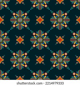 Ikat ethnic seamless pattern decoration design. Aztec fabric carpet boho mandalas textile home decor wallpaper. Ikkat tribal native motif ornaments Hungarian traditional embroidery vector background 