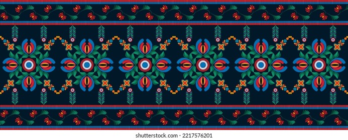 El diseño de la decoración de los patrones étnicos Ikat es impecable. Moqueta de tela azteca con mandalas textil decoración de fondo. Ornamentos con motivos indígenas tribales de Ikkat fondo vectorial de bordado tradicional húngaro 