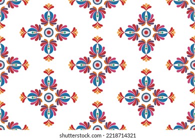 Ikat ethnic seamless pattern decoration design. Aztec fabric carpet boho mandalas textile home decor wallpaper. Ikkat tribal native motif ornaments Hungarian traditional embroidery vector background 