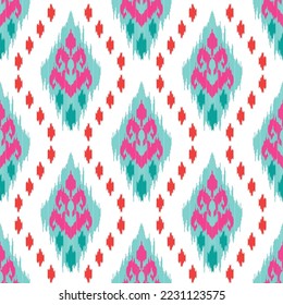 Ikat ethnic seamless pattern decoration design. Aztec fabric carpet boho mandalas textile decor wallpaper. Tribal native motif ornaments traditional embroidery vector background 