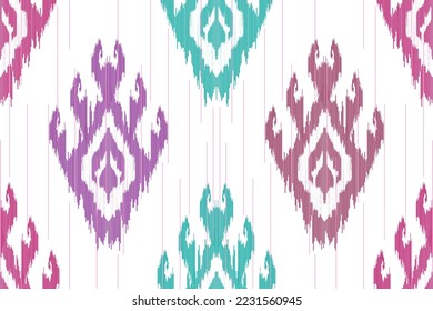 Ikat ethnic seamless pattern decoration design. Aztec fabric carpet boho mandalas textile decor wallpaper. Tribal native motif ornaments traditional embroidery vector background 