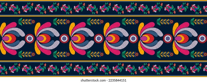 El diseño de la decoración de los patrones étnicos Ikat es impecable. El motivo tribal nativo adorna el vector tradicional del bordado folk afroamericano. Moqueta de tela azteca boho mandalas decoración textil papel de pared 