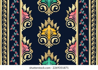 Ikat ethnic seamless pattern decoration design. Aztec fabric boho mandalas textile Indian African American folk traditional embroidery vector. Tribal native motif carpet digital print texture 
