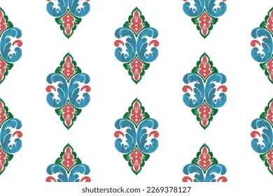 Ikat ethnic seamless pattern decoration design. Aztec fabric boho mandalas textile Indian African American folk traditional embroidery vector. Tribal native motif carpet digital print texture 