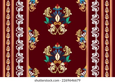 Ikat ethnic seamless pattern decoration design. Tribal native motif ornaments African American Indian traditional embroidery vector background. Aztec fabric carpet boho mandalas textile wallpaper 