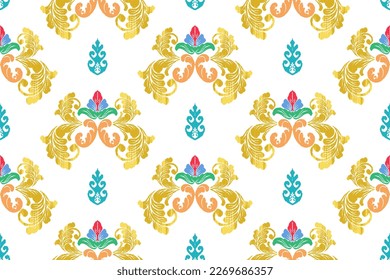 Ikat ethnic seamless pattern decoration design. Tribal native motif ornaments African American Indian traditional embroidery vector background. Aztec fabric carpet boho mandalas textile wallpaper 