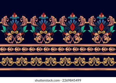 El diseño de la decoración de los patrones étnicos Ikat es impecable. El motivo tribal nativo adorna el fondo del vector del bordado tradicional afroamericano indio. Moqueta de tela azteca boho mandalas papel de pared textil 