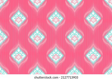 Ikat ethnic seamless pattern design. Aztec fabric carpet mandala ornament chevron textile decoration wallpaper. Tribal turkey African Indian traditional embroidery style vector illustration background
