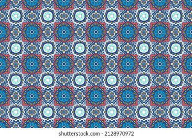Ikat ethnic seamless pattern design. Aztec fabric carpet mandala ornament boho native chevron textile decoration wallpaper. Tribal turkey African Indian traditional embroidery vector illustrations