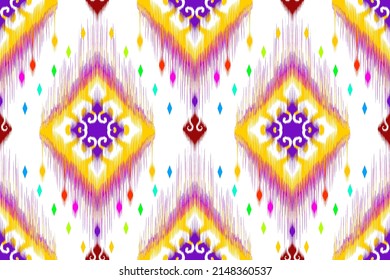 Ikat ethnic seamless pattern design. Abstract geometric Aztec fabric carpet ornament mandala ethnic textile decoration wallpaper. Tribal boho native turkey traditional embroidery vector background 