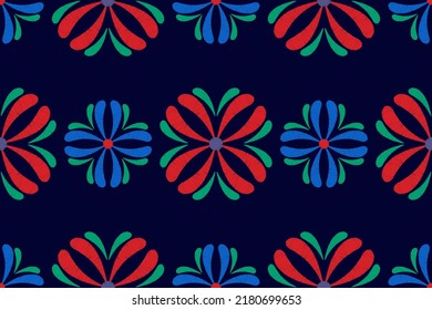 Ikat ethnisches, nahtloses Musterdesign. Aztec Stoffteppich Mandala Ziergegenstände Stoffdekorationen Tapete. Stammes boho natives Motiv Afroamerikanisch traditioneller Stickereihintergrund 