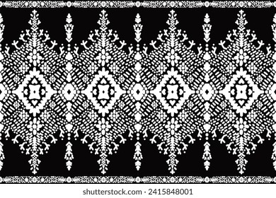 Diseño de patrones sin fisuras de la etnia Ikat. Moqueta de tela azteca mandala adorno de papel tapiz boho chevron nativa decoración textil. Bordado tradicional indígena tribal de pavo africano, vector, trazo editable.