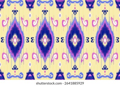 Ikat Ethnic Seamless Pattern with Pink, Dark Blue, Yellow, motif, repeat, native, traditional, textile illustration, grunge design, embroidery, for fabric, print, wrapping, silk, scarf, background