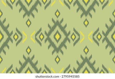 Ikat ethnic seamless pattern. Soft geometric tribal motif in olive green, moss green, and lime yellow on a light green background. Perfect for modern textile print, trendy apparel, home decor accessories, wallpaper, and organic branding. Vector illustration.