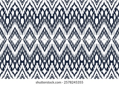 Ikat ethnic seamless pattern. white and blue color, Abstract ogee textured background for textile, wallpaper, carpet, clothing. Traditional bohemian vector illustration.
