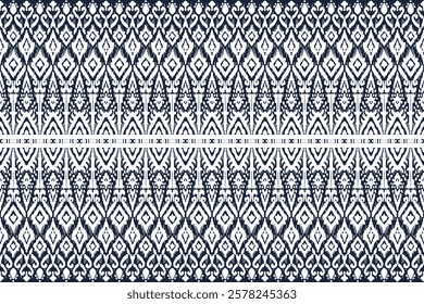 Ikat ethnic seamless pattern. white and blue color, Abstract ogee textured background for textile, wallpaper, carpet, clothing. Traditional bohemian vector illustration.
