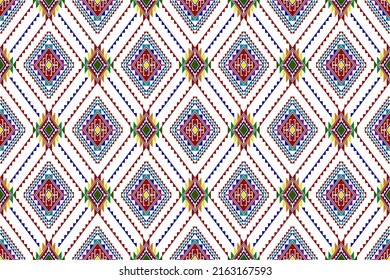 Diseño de patrones textiles sin fisuras de la etnia Ikat. Típico boho nativa pavo textil tradicional bordado fondo vectorial. Moqueta de tela abstracta azteca mandala adornos textiles decoraciones de papel tapiz.
