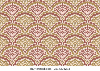 Ikat ethnic seigaiha fabric fish scales seamless pattern on background. geometric fish scales Seigaiha. for design ethnic seigaiha pattern fashion fabric design carpet, clothing, wrapping, wallpaper
