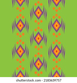 Ikat ethnic square background vector. Diamond seamless vertical pattern in purple,orange,red on green background. Design for carpet, wallpaper, background, backdrop, fabric.