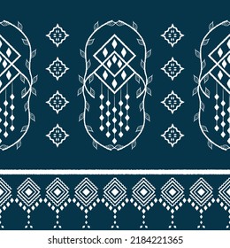 Ikat ethnic square background vector. Seamless pattern in white geometric shapes on navy blue background decoraed with ivy. Design for fabric,clothing,home decor,wallpaper,wrapping,ornament.