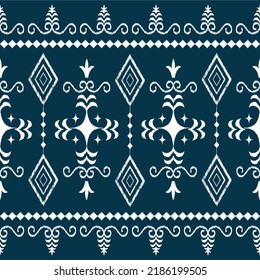 Ikat ethnic square background vector. Seamless pattern of white geometric shapes on navy blue background. Design for fabric,clothing,home decor,wallpaper,wrapping,fabric.