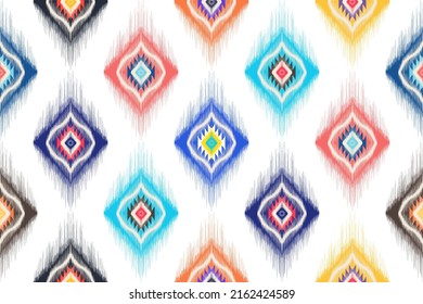 Ikat ethnic textile seamless pattern design. Aztec fabric carpet mandala ornaments textile decorations wallpaper. Tribal turkey textile boho native traditional embroidery vector background 