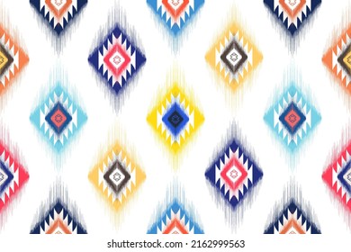 Ikat ethnic textile seamless pattern design. Aztec fabric carpet mandala ornaments textile decorations wallpaper. Tribal turkey textile boho native traditional embroidery vector background 