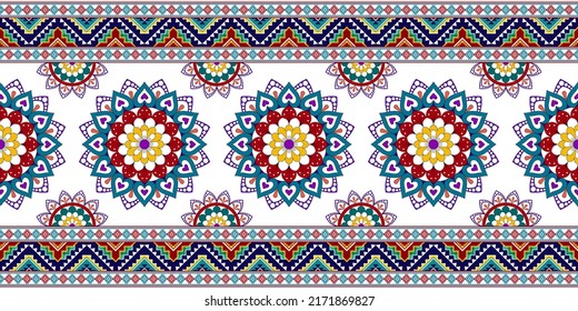 Diseño de patrones sin fisuras de la etnia Ikat. Vector de bordado tradicional indio de pavo textil nativo de boho tribal. Moqueta de tela azteca adornos mandala motivos textiles decoraciones de algodón papel de pared 