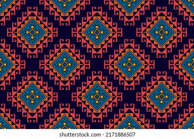 Ikat ethnic textile seamless pattern design. Tribal boho native textile turkey Indian traditional embroidery vector. Aztec fabric carpet mandala ornaments textile motif cotton decorations wallpaper 