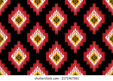 Diseño de patrones sin fisuras de la etnia Ikat. Vector de bordado tradicional indio de pavo textil nativo de boho tribal. Moqueta de tela azteca adornos mandala motivos textiles decoraciones de algodón papel de pared 