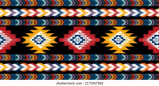 Diseño de patrones sin fisuras de la etnia Ikat. Vector de bordado tradicional indio de pavo textil nativo de boho tribal. Moqueta de tela azteca adornos mandala motivos textiles decoraciones de algodón papel de pared 