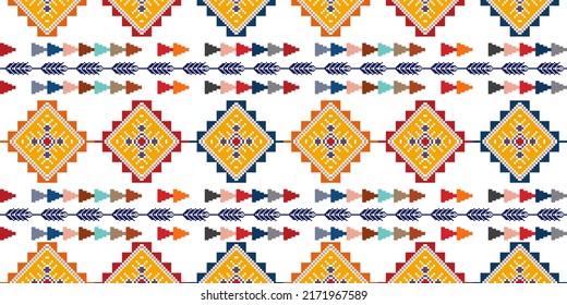 Ikat ethnic textile seamless pattern design. Tribal boho native textile turkey Indian traditional embroidery vector. Aztec fabric carpet mandala ornaments textile motif cotton decorations wallpaper 