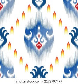 Ikat ethnic textile seamless pattern design. Tribal boho native textile turkey Indian traditional embroidery vector. Aztec fabric carpet mandala ornaments textile motif cotton decorations wallpaper 
