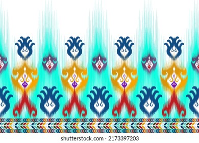 Ikat ethnic textile seamless pattern design. Tribal boho native textile turkey Indian traditional embroidery vector. Aztec fabric carpet mandala ornaments textile motif cotton decorations wallpaper 