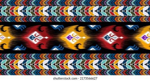 Diseño de patrones sin fisuras de la etnia Ikat. Vector de bordado tradicional indio de pavo textil nativo de boho tribal. Moqueta de tela azteca adornos mandala motivos textiles decoraciones de algodón papel de pared 