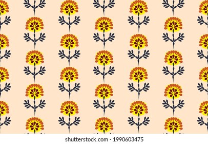 Ikat ethnic yellow flower art. Ikat seamless pattern in tribal, folk embroidery, Mexican style. Aztec geometric art ornament print. Design for carpet, wallpaper, clothing, wrapping, fabric, cover.