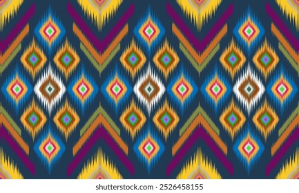 Ikat fabric on abstract blue background. Traditional ethnic geometric pattern. Design for textile, clothing, apparel, packaging, background and wallpaper.