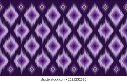 Ikat fabric on abstract purple background. Traditional ethnic geometric pattern for textile, clothing, apparel, packaging, background and wallpaper.