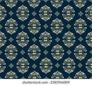 Ikat fabric pattern. Abstract ethnic design, floral Ikat pattern, green background, for textiles, shirts, curtains, carpets, illustration, vector.