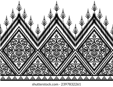 Ikat fabric pattern black on white rhombus Abstract Aztec symbol illustration geometric shape vector pattern Ethic nature native tribal work background backdrop wallpaper print textile clothing 