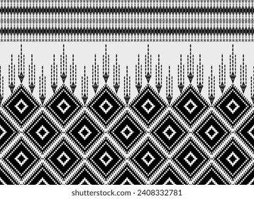 Ikat fabric pattern black on white with stripes pixel handicraft embroidery machine crochet Abstract Aztec symbol illustration geometric vector pattern Ethic indigenous tribal background backdrop 